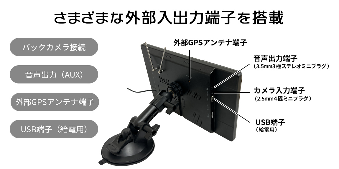 バックカメラ・スピーカーなど様々な外部危機を接続するための外部入力端子を搭載