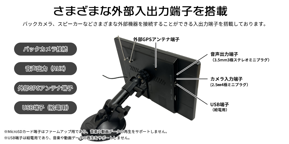 さまざまな外部入出力端子を搭載（バックカメラ、音声出力、外部GPSアンテナ端子、USB端子など）