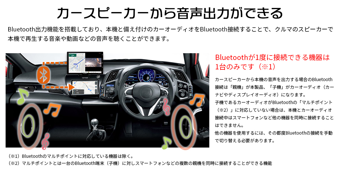 Bluetooth出力機能を搭載しカースピーカーから音声出力できる