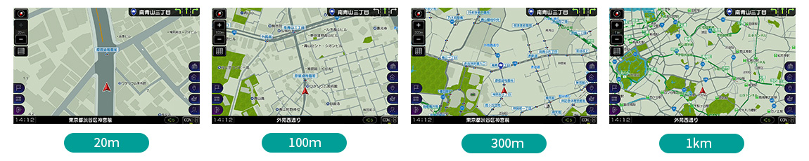 カーナビDPLAY-1011ATP地図表示のスケール20ｍ・100ｍ・300m・1kmの見本イメージ