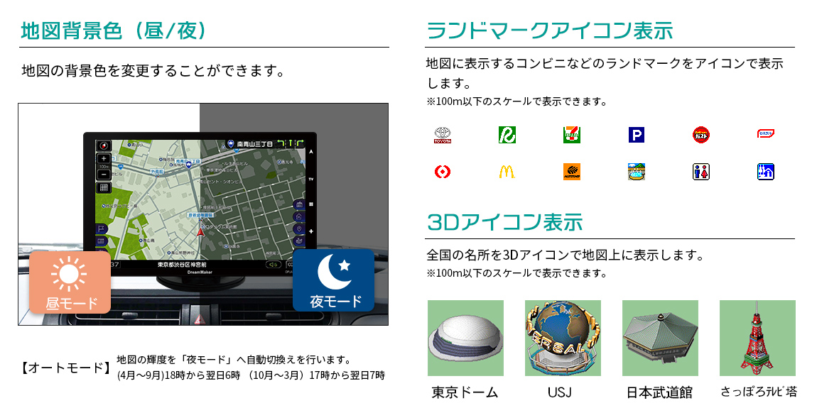 さまざまな地図表示で専用カスタマイズ-昼・夜で地図背景色変更、ランドマークアイコン表示、3Dアイコン表示