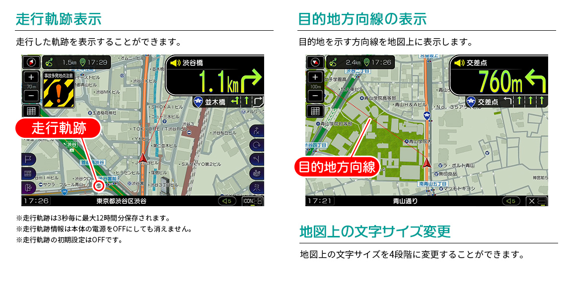 さまざまな地図表示で専用カスタマイズ-走行軌跡表示、目的地方向線の表示、文字サイズの変更
