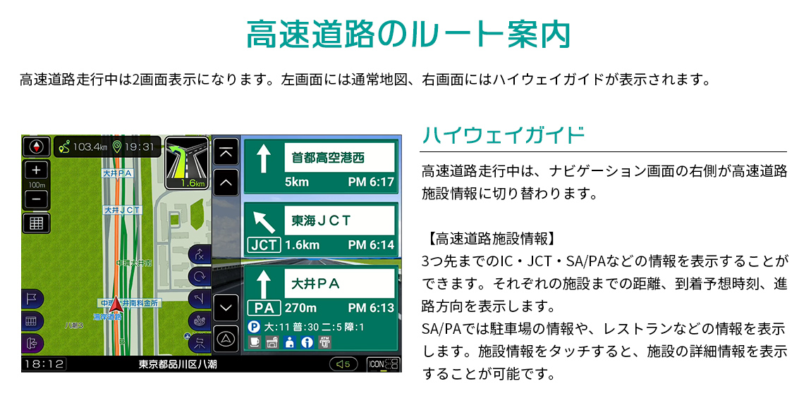 高速道路走行中は通常地図とハイウェイガイドの2画面表示