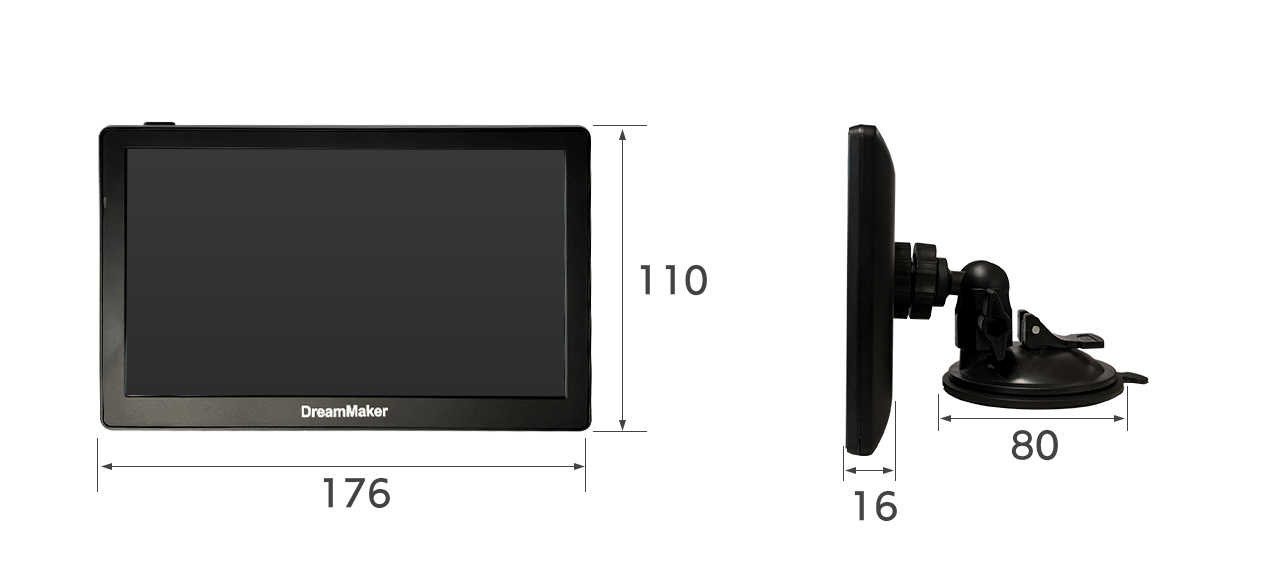 ポータブルナビ PN0709-1seg 製品サイズ 本体サイズ 幅176×高さ110×奥行16mm スタンド吸盤直径80mm