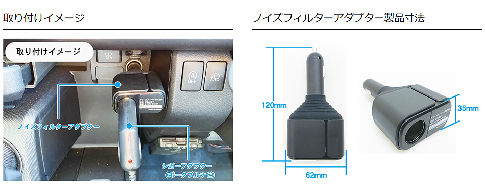 取り付けイメージ、ノイズフィルターアダプター製品寸法