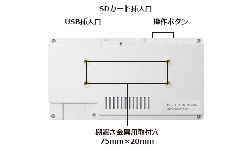 SP-050H 電子POP 本体裏面 SD挿入口、USB挿入口、操作ボタン、棚置き金具用取付穴75×20mm