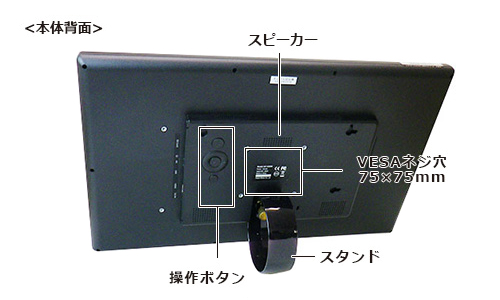 SP-185DM 電子POP 本体背面 操作ボタン、スピーカー、VESAネジ穴75×75mm、スタンド