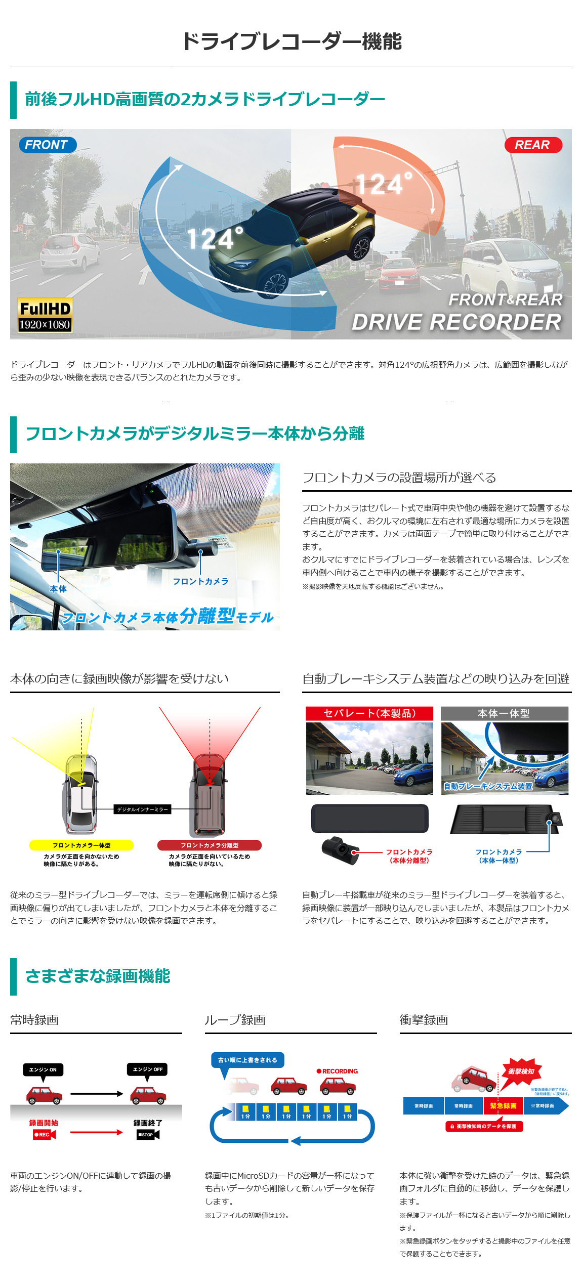 前後フルHD高画質の2カメラドライブレコーダー、フロントカメラがデジタルインナーミラーから分離、常時録画、ループ録画、衝撃録画