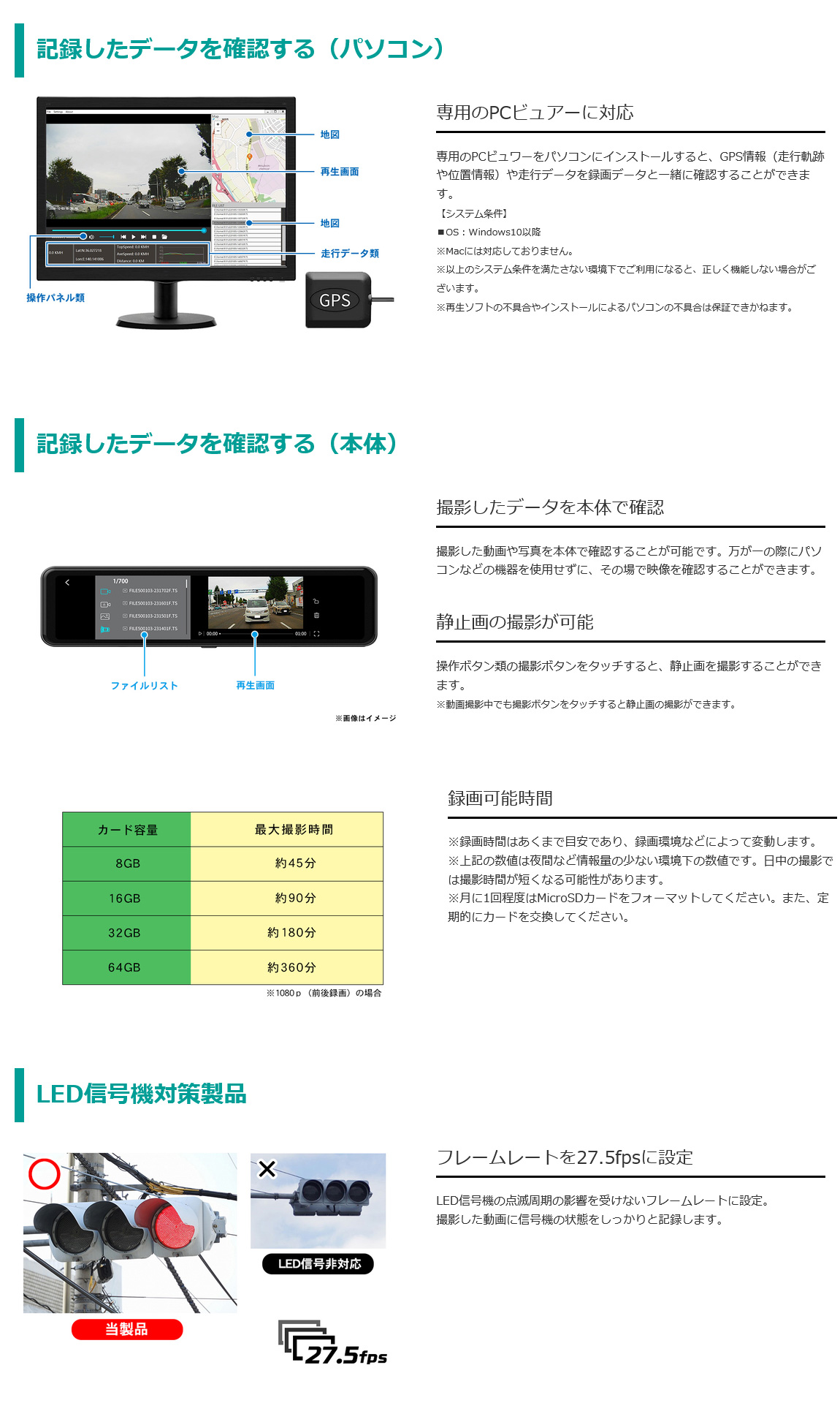 記録したデータを確認（PC、本体）、録画可能時間、LED信号機対策製品