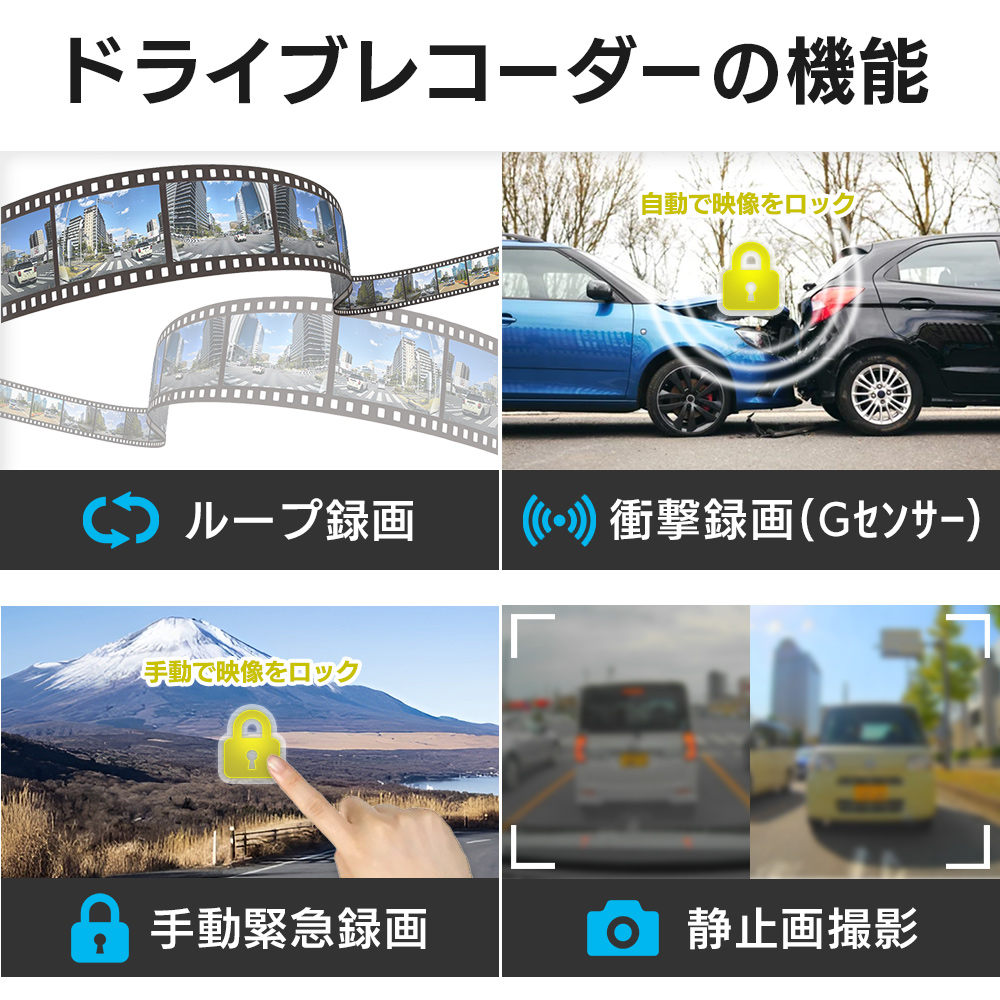 ドライブレコーダーの機能（ループ録画、衝撃録画 Gセンサー、手動緊急録画、静止画撮影