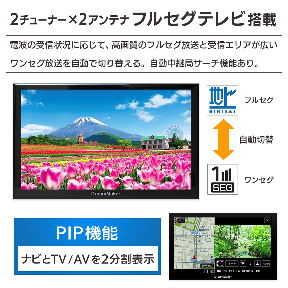 フルセグテレビは走行中も安定して受信できる車載用地デジチューナーを採用。ワンセグ・フルセグ自動切り替え