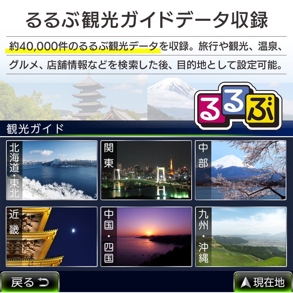 ポータブルナビ PN0909Aには約4万件のるるぶ観光ガイドデータを収録。観光名所や店舗情報を検索後に目的地として設定可能