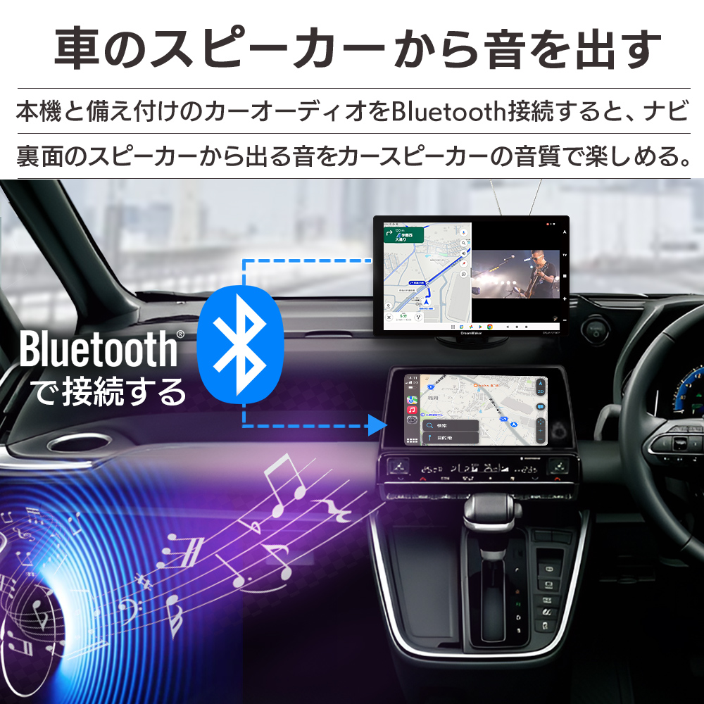 本機と備え付けのカーオーディオをBluetooth接続するとナビ本体裏面のスピーカーから出る音をカースピーカの音質で楽しめる