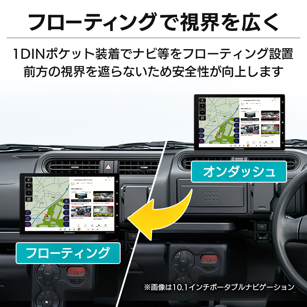 カーナビやディスプレイオーディオにセットしてDINポケットに設置するスタンド。前方の視界を確保しやすい