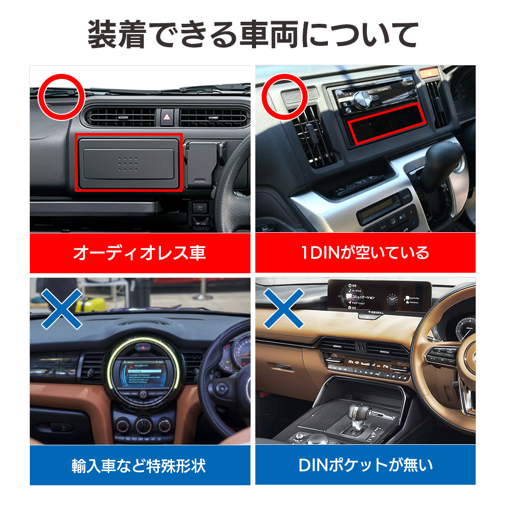 装着できる車とできない車の見本写真（装着可能：オーディオレス車、1DINが空いている、装着不可：輸入車など特殊形状、DINポケットがない）