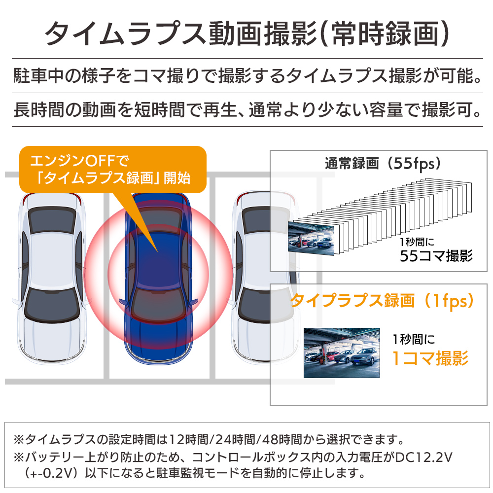 DRBD-07 駐車中の様子をコマ撮りで撮影するタイムラプス撮影が可能。長時間撮影した動画を短縮して再生、通常の動画より少ない容量で撮影できるため、MicroSDカードの容量削減になる