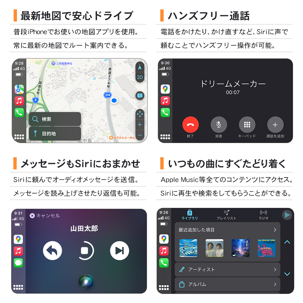 iPhoneアプリを使うので地図は常に最新、ハンズフリー通話、メッセージのやり取りもSiriにおまかせ