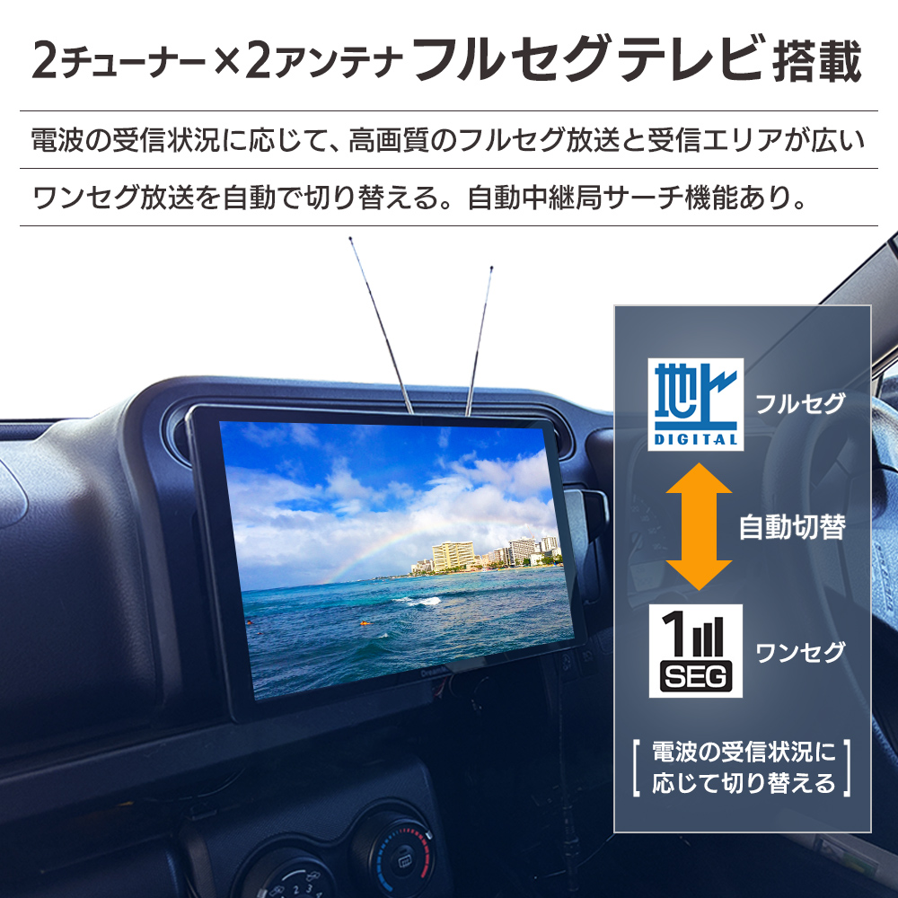 ２チューナー✕２アンテナのフルセグテレビ搭載。受信状態の悪い所ではワンセグに自動切替