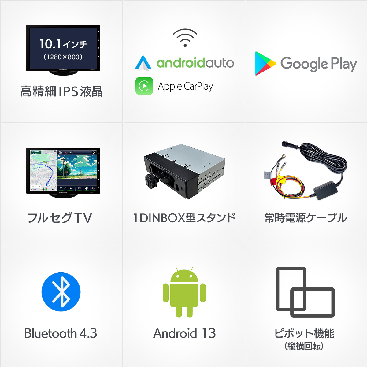 10.1インチ高精細液晶ディスプレイオーディオ、Android Auto,CarPlay、Goodle Play Store、フルセグテレビ、1DIN型スタンドセット、常時電源ケーブル、Bluetooth4.3、Android13、ピボット機能 縦横回転