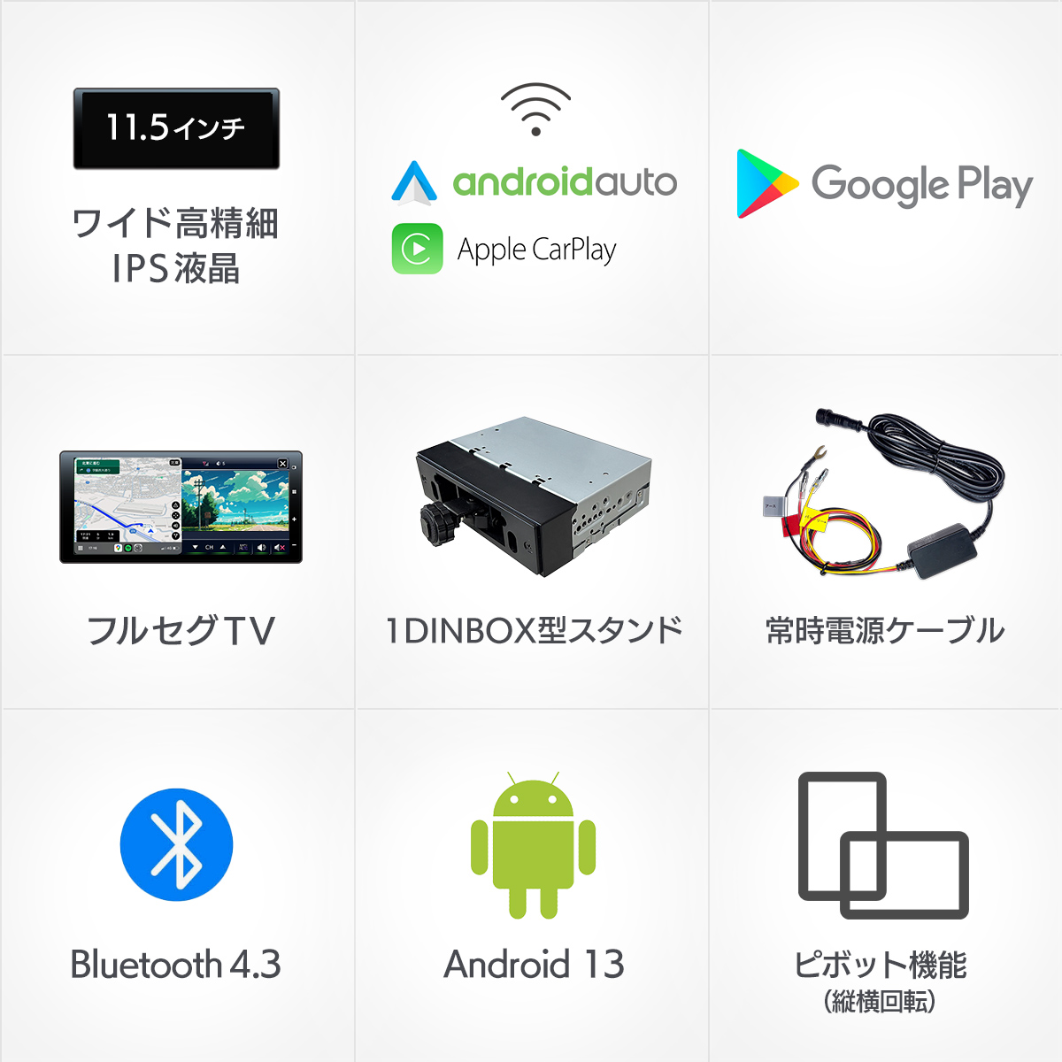 10.1インチ高精細液晶ディスプレイオーディオ、Android Auto,CarPlay、Goodle Play Store、フルセグテレビ、1DIN型スタンドセット、常時電源ケーブル、Bluetooth4.3、Android13、ピボット機能 縦横回転