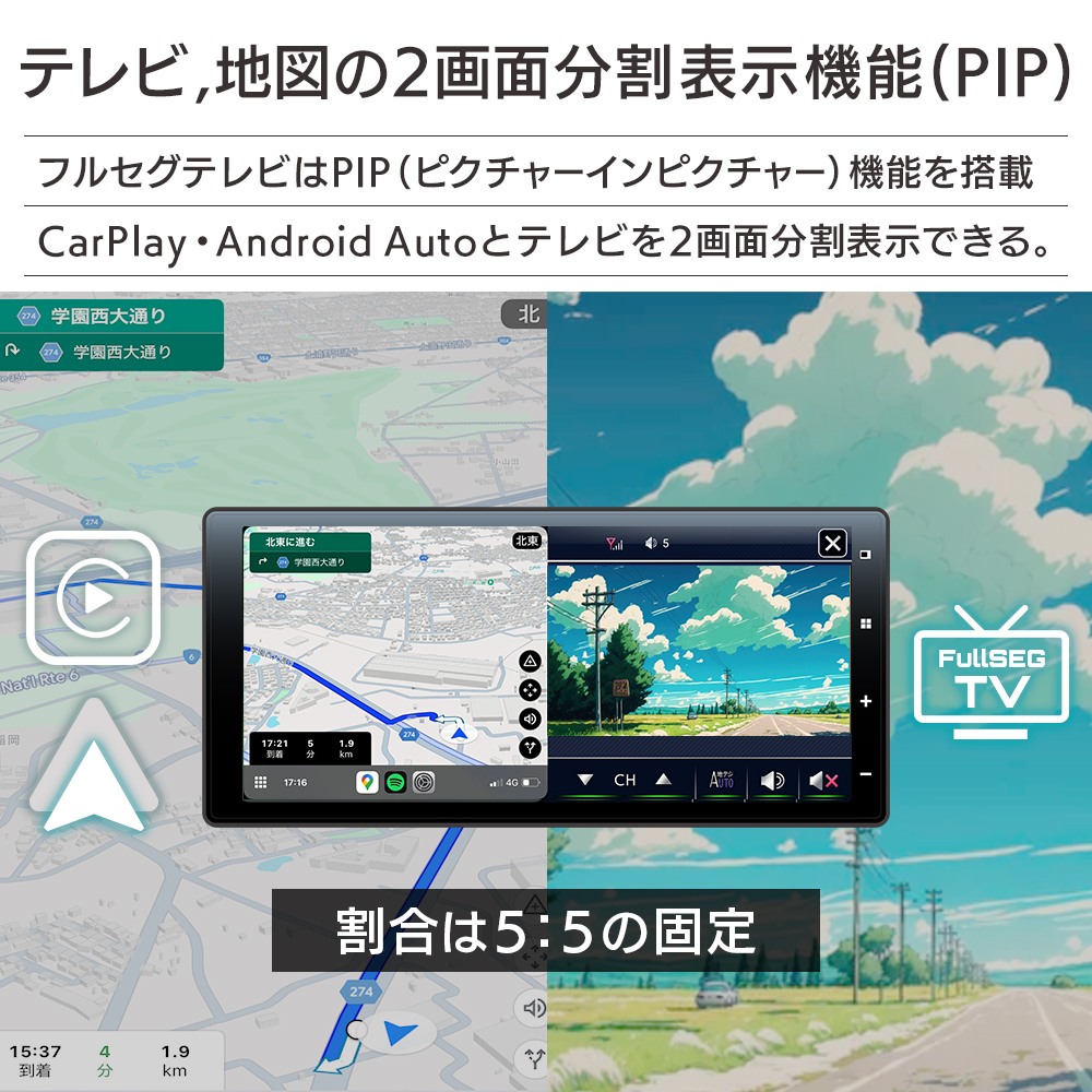 PIP（ピクチャーインピクチャー）機能を搭載し、CarPlay・Android Autoとテレビを２画面分割表示できる