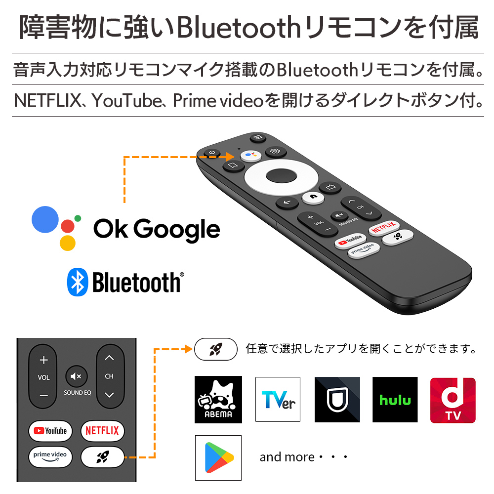障害物に強いBluetoothリモコンを付属。NETFLIX、YouTube、primevideoをダイレクトに開けるボタン付き