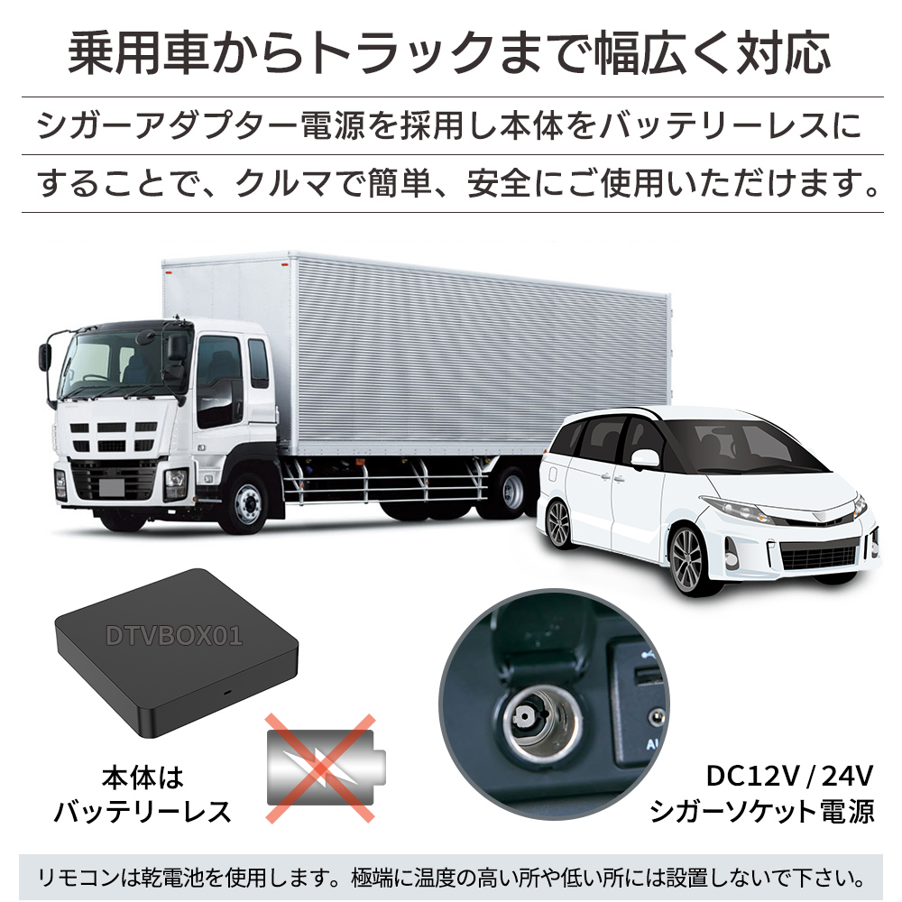 乗用車からトラックまで幅広く対応。シガーアダプター電源を使い本体をバッテリーレスにすることで、クルマで簡単安全に使用できる