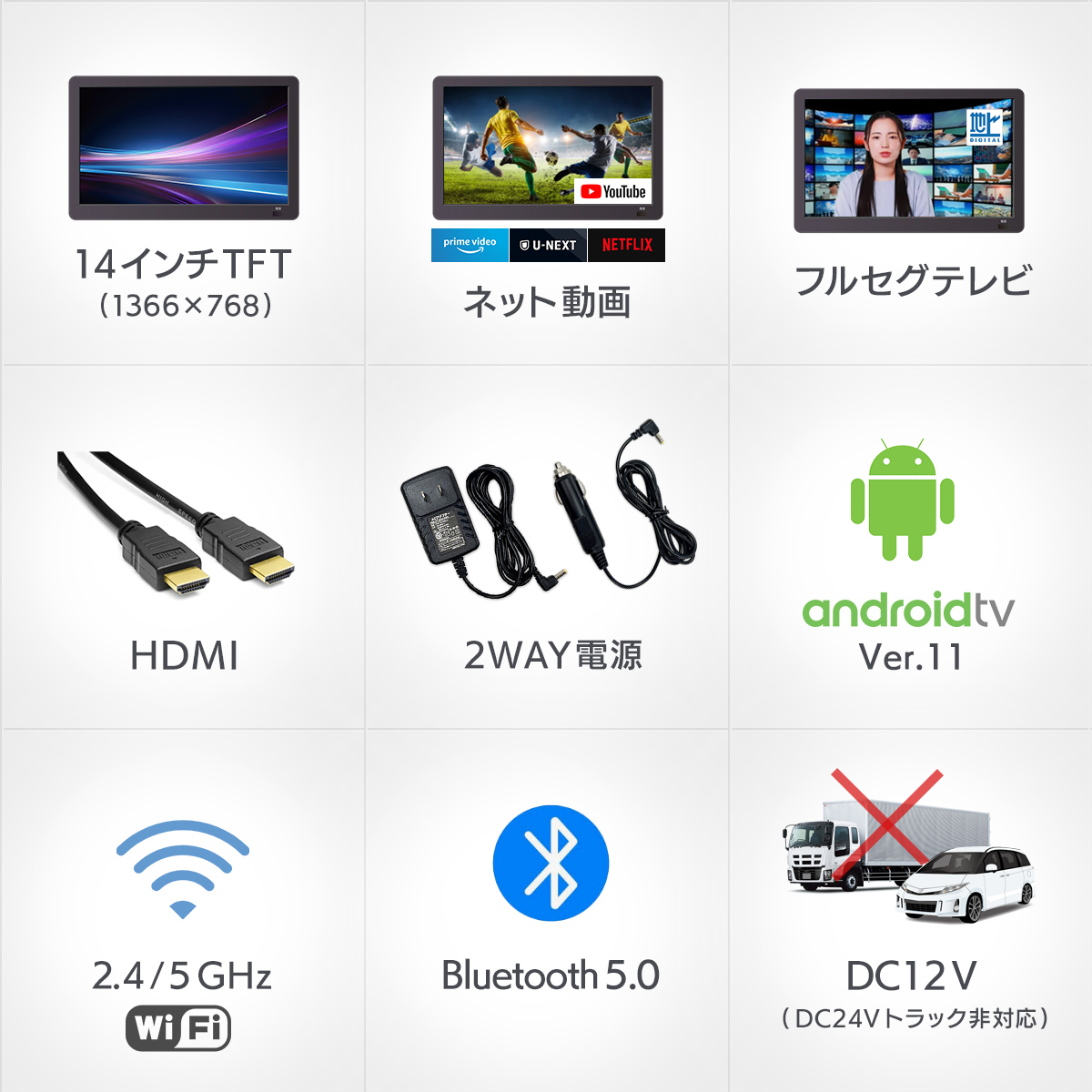STV140Aの特徴：14インチTFT、ネット動画、フルセグテレビ、HDMI、車用と家用の2WAY電源、androidtv ver.11、Wi-Fi、Bluetooth 5.0、DC12V トラック非対応