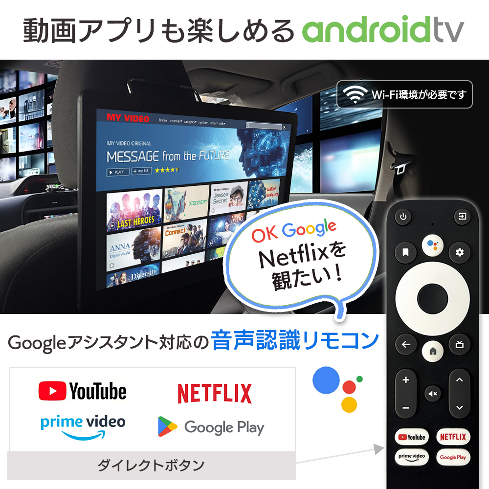 動画アプリも楽しめるandroidtv。リモコンはGoogleアシスタント対応で音声検索可能。リモコンのダイレクトボタンはYouTube、NETFLIX、prime video、Google Play