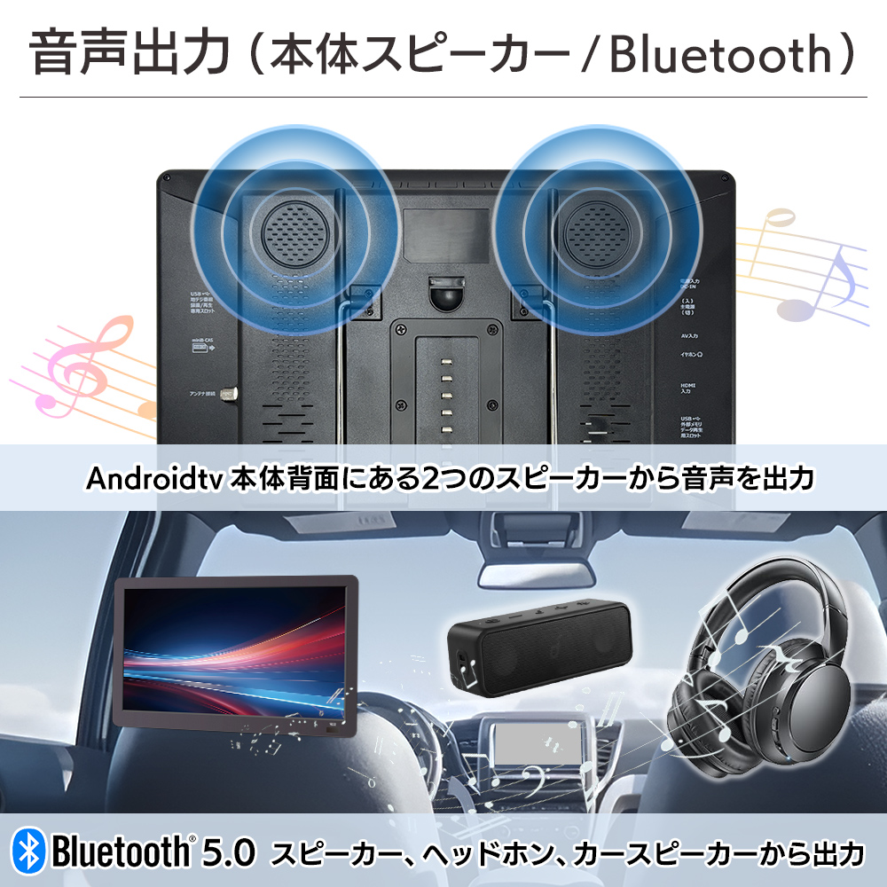 音声出力は本体背面にある後ろスピーカーとBluetooth5.0で接続したカースピーカー、ヘッドフォン、スピーカーから
