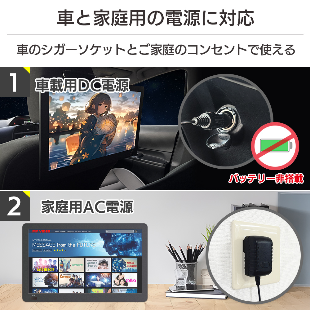 車のシガーソケット、ご家庭のコンセントから電源供給 2WAY仕様